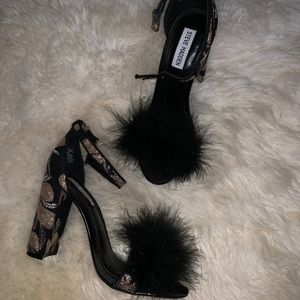 Fur Black Steve Madden Heels Carabu Gold Sequin